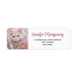 Étiquette Chat blanc élégant en or et diamants
