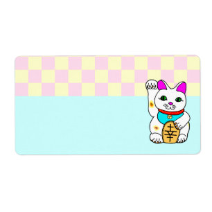 Étiquette Chat Chinois Chanceux Maneki Neko Damier Mignon