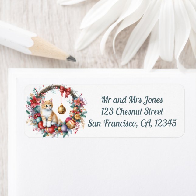 Étiquette Chat dans une couronne florale de Noël 2- Adresse  (En situation)
