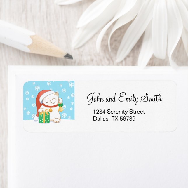 Étiquette Chat de Noël blanc dans un Casquette rouge (En situation)