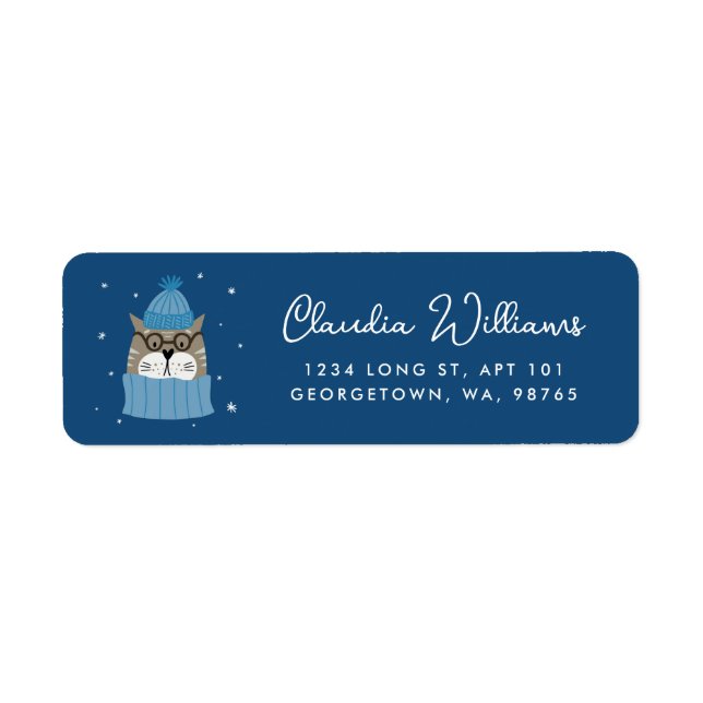 Étiquette Chat de Noël mignon en Casquette bleu Adresse (Devant)