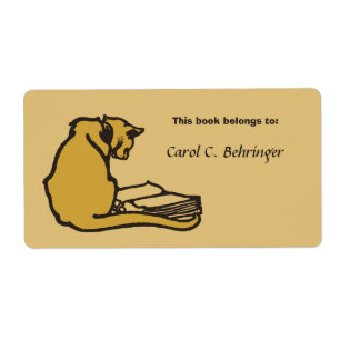 Étiquette Chat et livre, ex-libris vintage personnalisable
