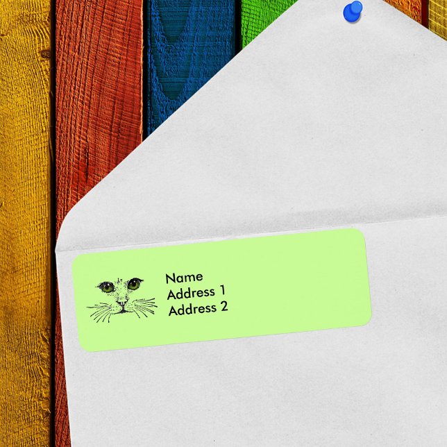 Étiquette Chat Face Vert Yeux Whiskers (Cat face drawing in black with green eyes on light green return address labels.)
