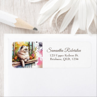 Étiquette Chat gris beige perse sur la fenêtre Floral été