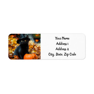Étiquette Chat noir d'Halloween et Citrouille