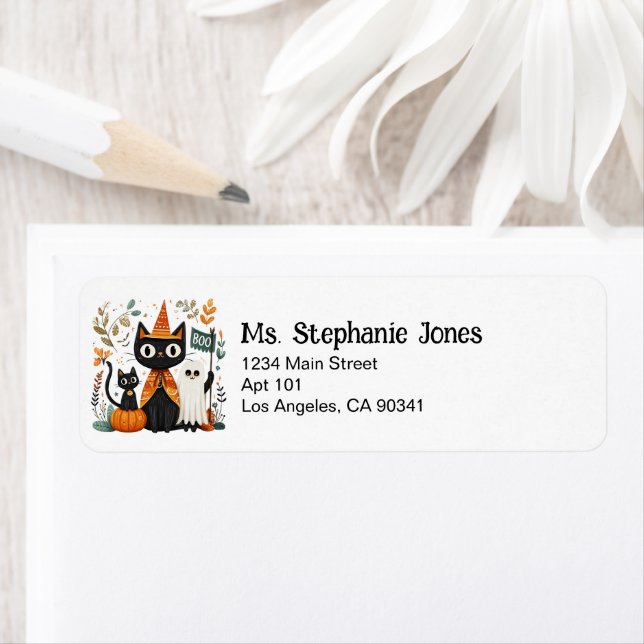 Étiquette Chat noir mignon personnalisé et Halloween fantôme (En situation)