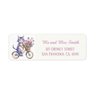 Étiquette Chat pourpre à vélo avec des fleurs