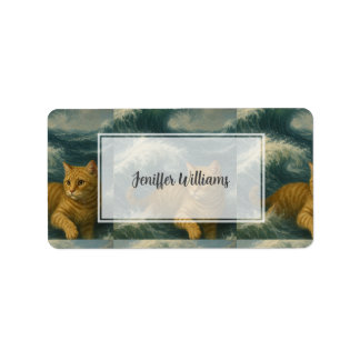 Étiquette Chat roux courageux chevauchant les vagues de l