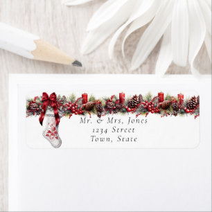 Étiquette Chaussette de Noël blanche ruban de satin rouge