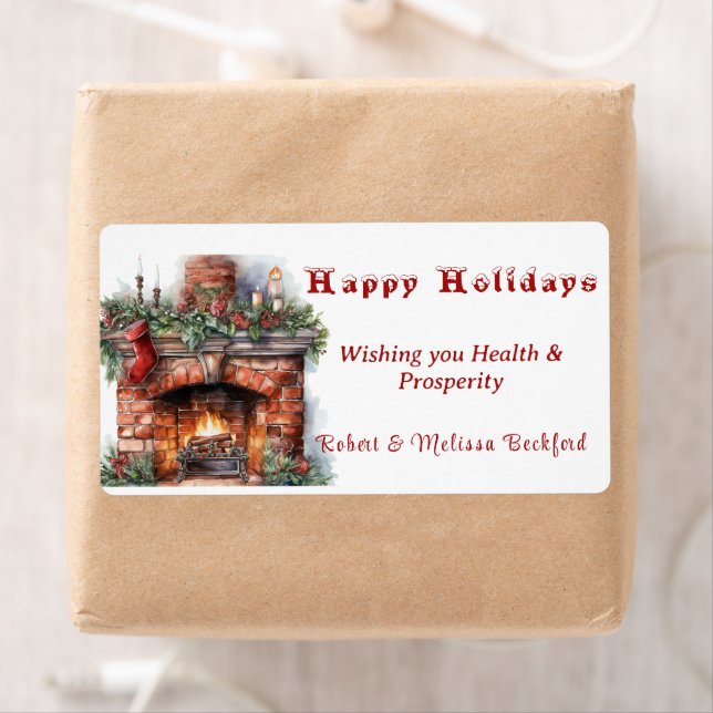 Étiquette Cheminée Red Stocking Holly Feuilles bougies (En situation)