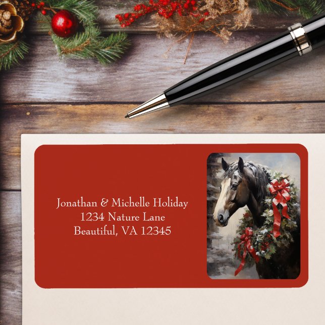 Étiquette Cheval avec couronne d'hiver Adresse de Noël (Horse with Winter Wreath Christmas Address Label)