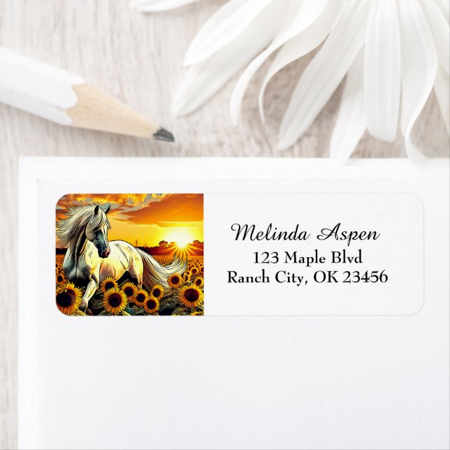 Étiquette Cheval blanc dans le champ des tournesols au couch (En situation)