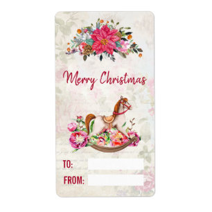 Étiquette Cheval rocheux victorien et Poinsettia Noël