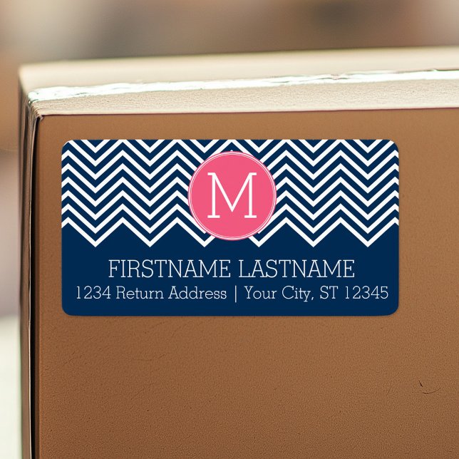 Étiquette Chevrons bleu marine et magenta sur mesure Monogra (Custom Shipping Label with Return Address)