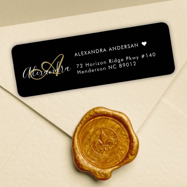 Étiquette Chic Black Gold Elegant Monogramme Adresse de reto (Chic Black Gold Elegant Monogram Return Address Label)