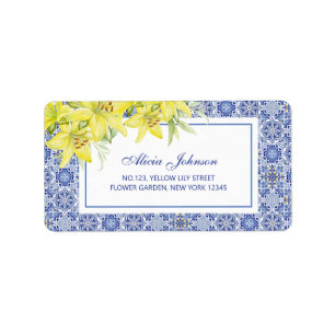 Étiquette Chic Bleu Portugais Azulejo Yellow Lily Adresse