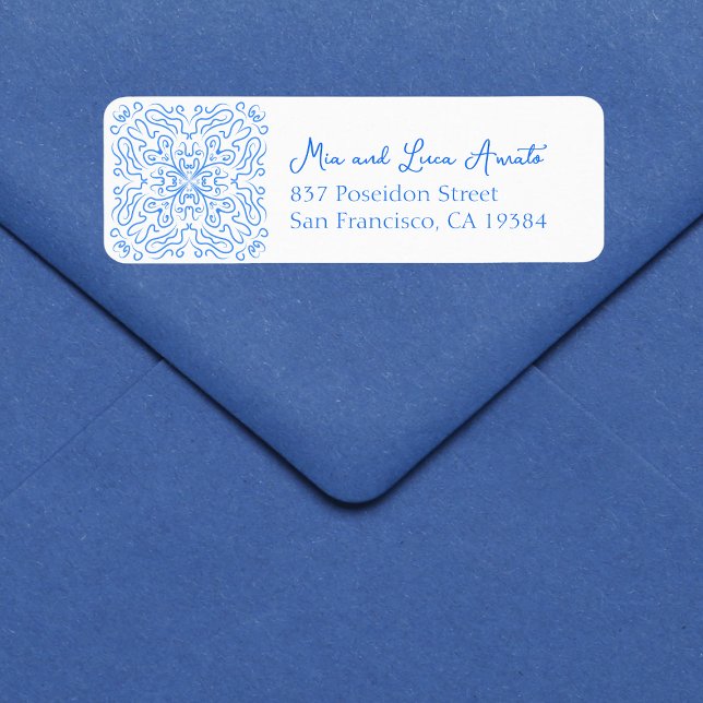 Étiquette Chic Blue Tile Italie Amalfi Mariage (Customizable blue tile address labels, adding an effortlessly elegant touch to your celebration.)