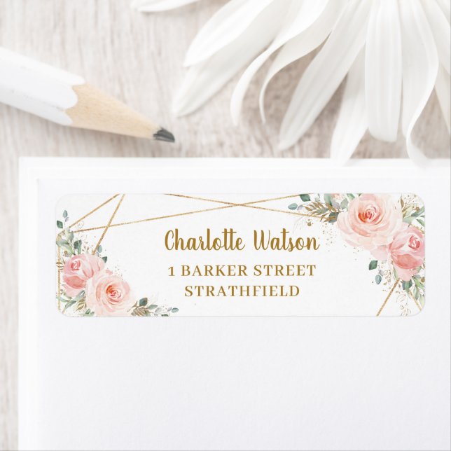 Étiquette Chic Blush Floral Gold Géométrique Adresse de reto (En situation)