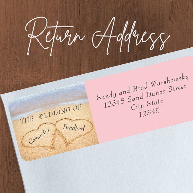 Étiquette Chic Blush Pink Beach Wedding 2 Heart Sand (Créateur téléchargé)