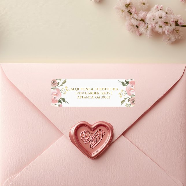 Étiquette Chic Blush Pink Gold Floral Mariage Adresse de ret (Créateur téléchargé)