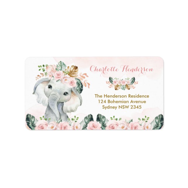 Étiquette Chic Boho Elephant Blush Floral Adresse de retour (Devant)