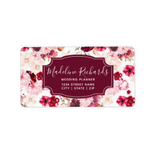 Étiquette Chic Bourgogne & Aquarelle rose pâle Floral