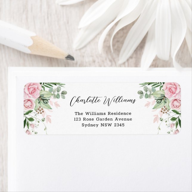 Étiquette Chic Dusty Rose Floral Rose Garden Adresse de reto (En situation)