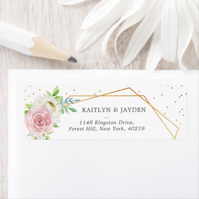 Étiquette Chic Géométrique Mariage floral à huile d'or (En situation)