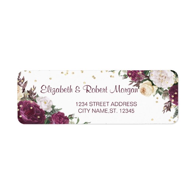 Étiquette Chic Gold Diamonds Bourgogne Floral Mariage Étique (Devant)