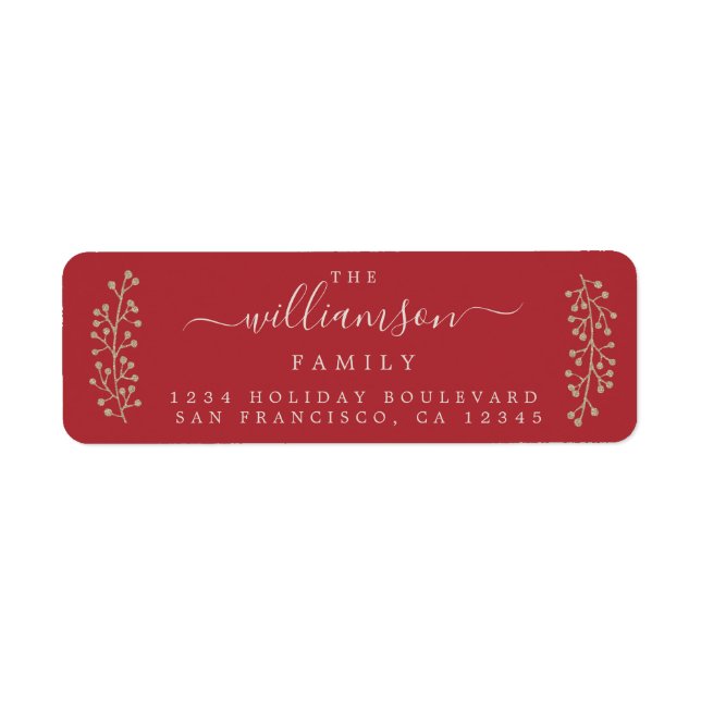 Étiquette Chic Gold Sprig Red Christmas Adresse de retour (Devant)