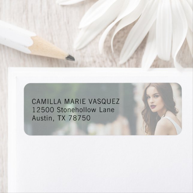 Étiquette Chic Graduation Photo Black Script Adresse de reto (En situation)