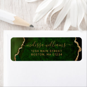 Étiquette Chic Green Agate Gold Script Monogramme Adresse