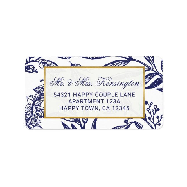 Étiquette Chic Navy Blue Gold Botanical Mariage Adresse (Devant)