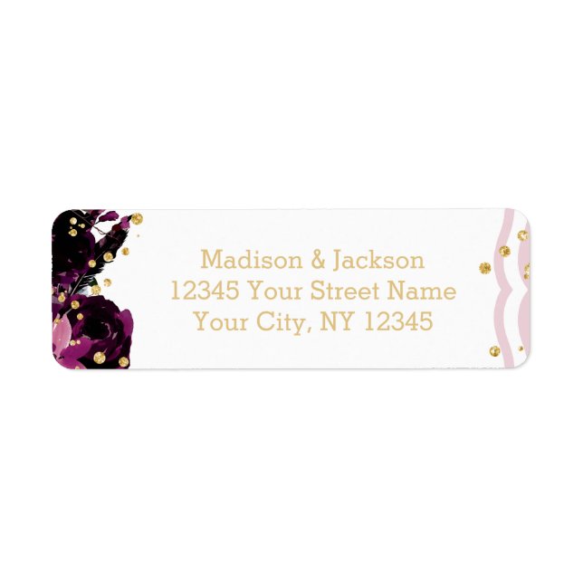 Étiquette Chic Purple Floral & Gold Mariage Adresse de retou (Devant)