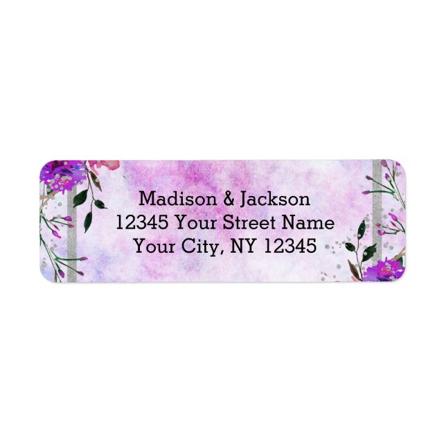 Étiquette Chic Purple Floral & Mariage Argent Adresse de ret (Devant)