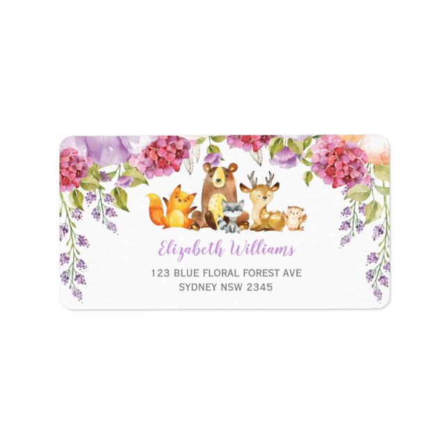Étiquette Chic Purple Floral Woodland Animaux Retourner Adre (Devant)