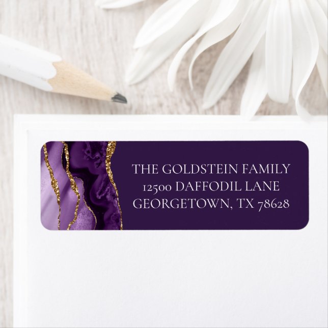 Étiquette Chic Purple Gold Parties scintillant Agate Adresse (En situation)