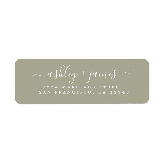 Étiquette Chic Script Moss Grey Mariage Adresse de retour (Devant)