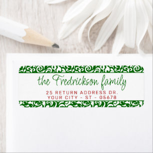 Étiquette Chic Vert foncé blanc Damas Floral Art Motif