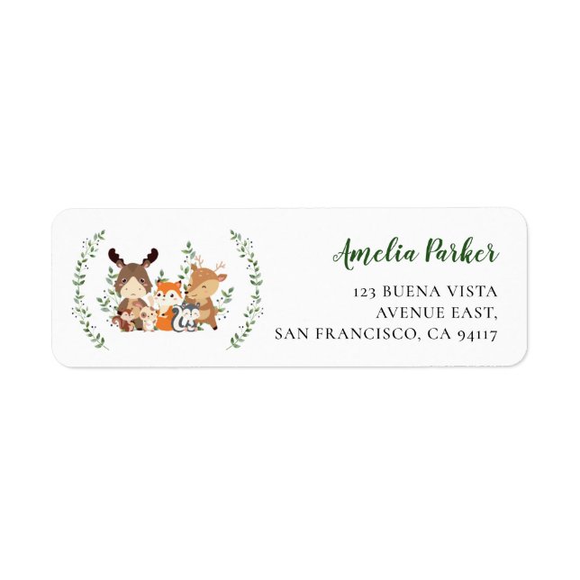 Étiquette Chic Woodland Green Forest Animaux Retourner Adres (Devant)