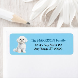 Étiquette Chien Bichon Frise Mignon Adresse de Retour Bleue
