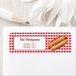 Étiquette Chien Chaud Sur Gingham Rouge Avec Texte Personnal