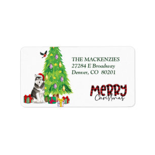 Étiquette Chien malamué de l'Alaska et arbre de Noël