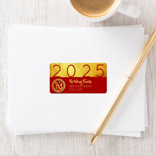 Étiquette Chinois serpent du Nouvel An 2025 Red Gold AddLab (En situation)