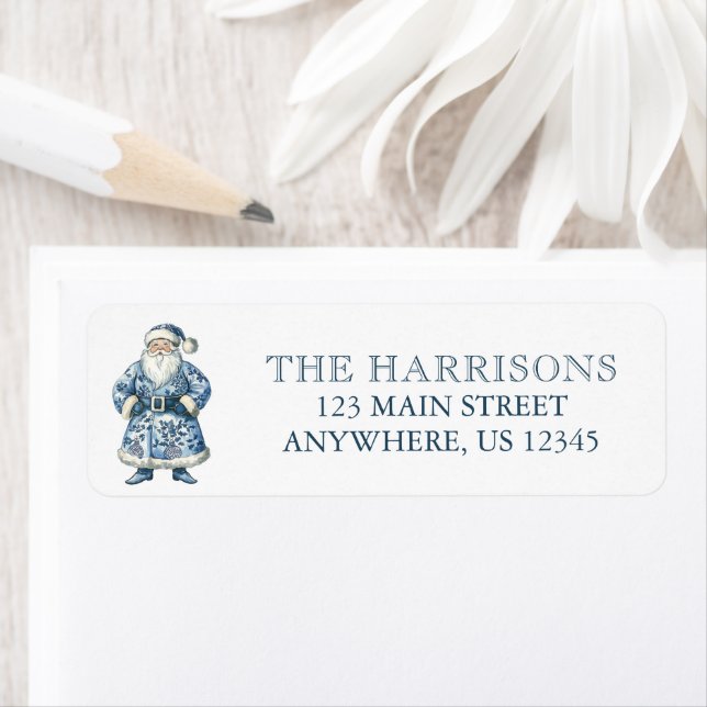 Étiquette Chinoiserie Bleue et Blanc Noël Père Noël Adresse (En situation)