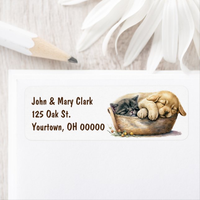 Étiquette Chiot Et Chaton Dans Le Panier (En situation)