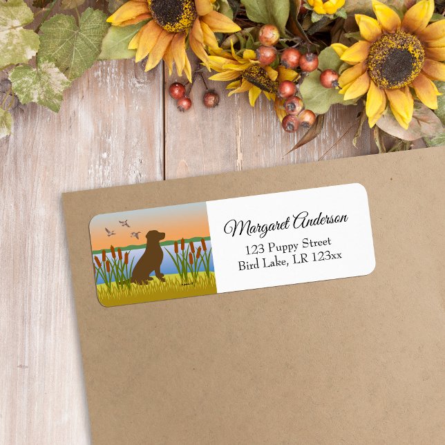 Étiquette Chocolat Labrador Bird Dog Sunset (Chocolate Labrador Silhouette Design Return Address Label for Labrador Owners.  Bird Dog design.)