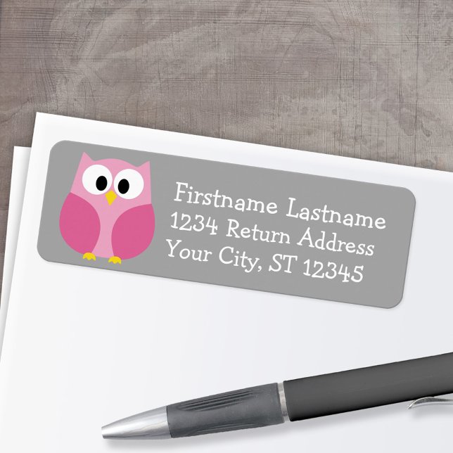 Étiquette Chouette de dessin mignonne - Nom personnalisé ros (Custom Return Address Labels - Low Minimum)