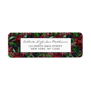 Étiquette Christmas Burgundy Poinsettia Flowers Watercolor