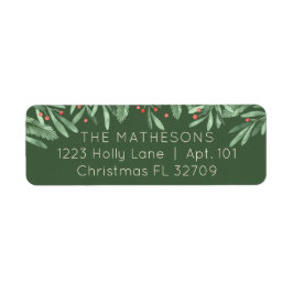 Étiquette Christmas Greenery Red Berries Dark Green Adresse